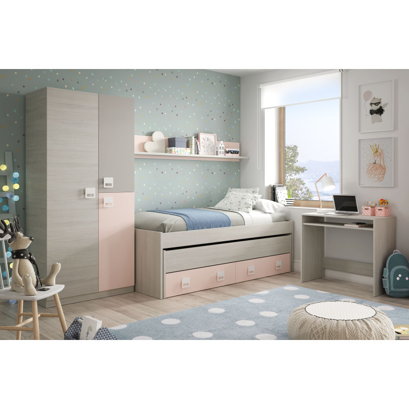Cama doble SIN somier + 2 cajones + ESTANTE (colchones 190x90 - 180x90) barato Nube Rosa 199 cm